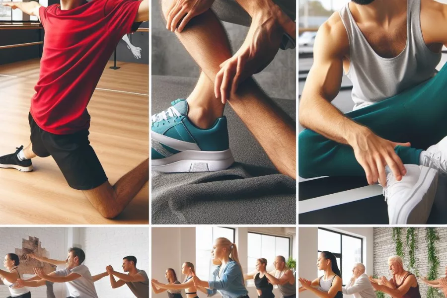 A collage showing different aspects of dance training – a dancer practicing flexibility, a hip-hop class, a dancer engaged in cross-training, and a group of adult learners in a dance studio.