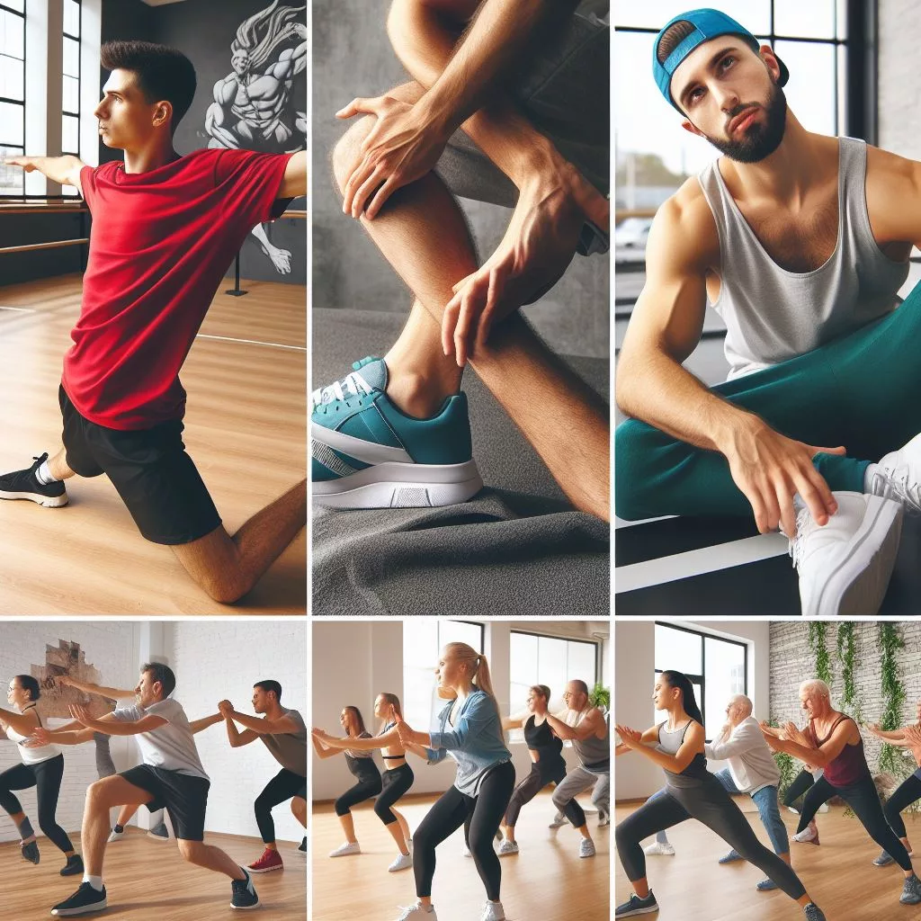 A collage showing different aspects of dance training – a dancer practicing flexibility, a hip-hop class, a dancer engaged in cross-training, and a group of adult learners in a dance studio. 