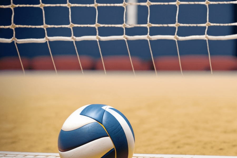 Volleyball on the ground near Net