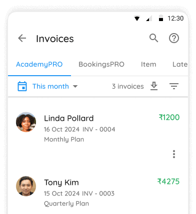 Invoices Page showing separate tabs for Subscriptions, Bookings and Items.